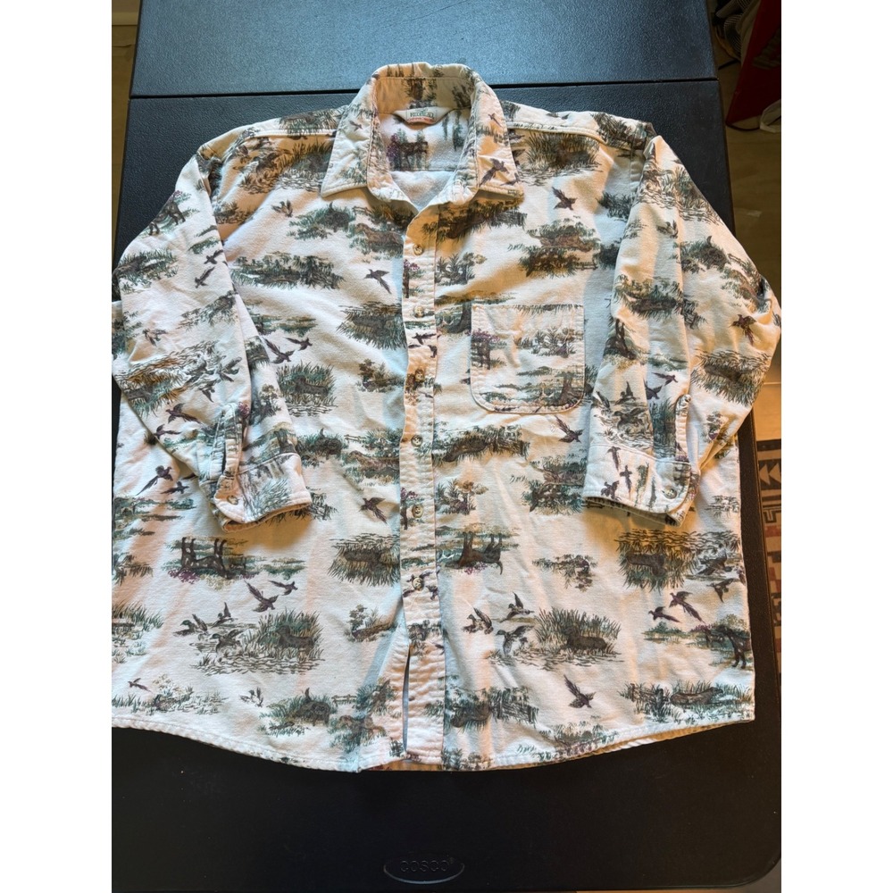 VTG RedHead Mens Hunting Dog Pheasant Print Flannel Shirt Long Sleeve Cream 2XL